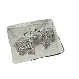 rhinestone & pearl HAIR BOW on silver hair barrette. 2.5” x 1”. NEW in package